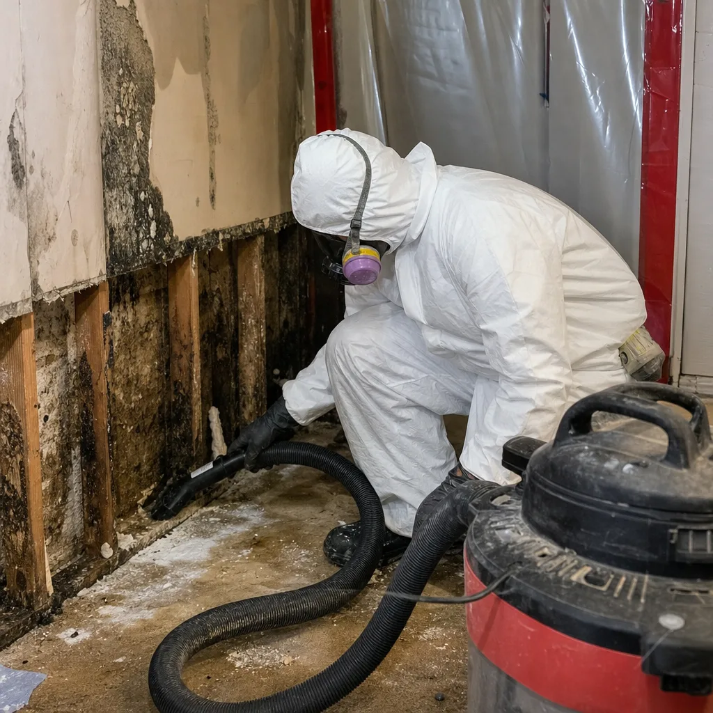 Professional in hazmat suit performing mold remediation with industrial vacuum