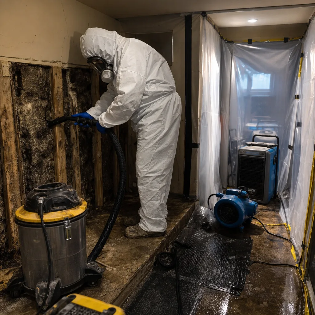 Professional mold remediation technician in protective gear cleaning wall damage