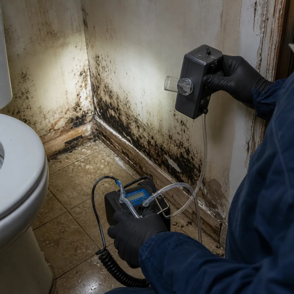 Professional performing air quality testing for mold remediation in a bathroom