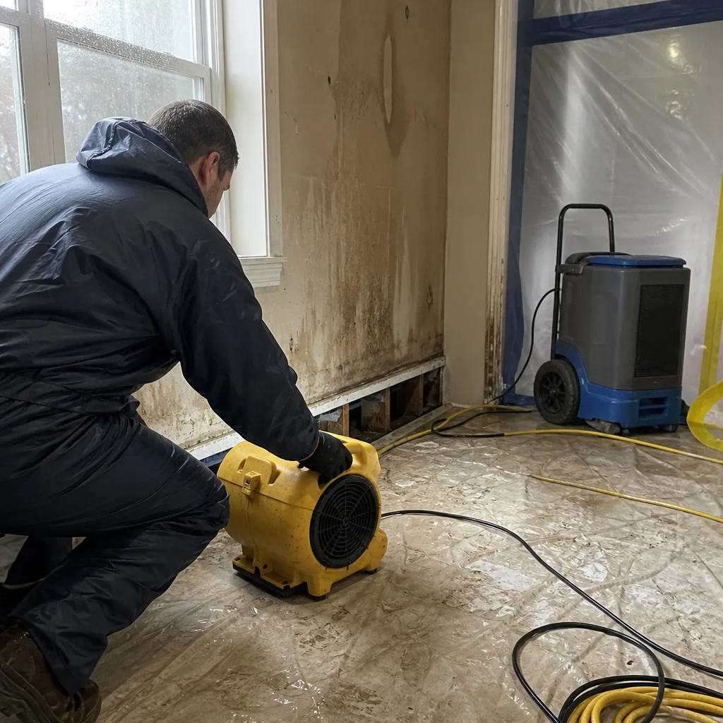 Professional storm damage restoration technician using industrial drying equipment