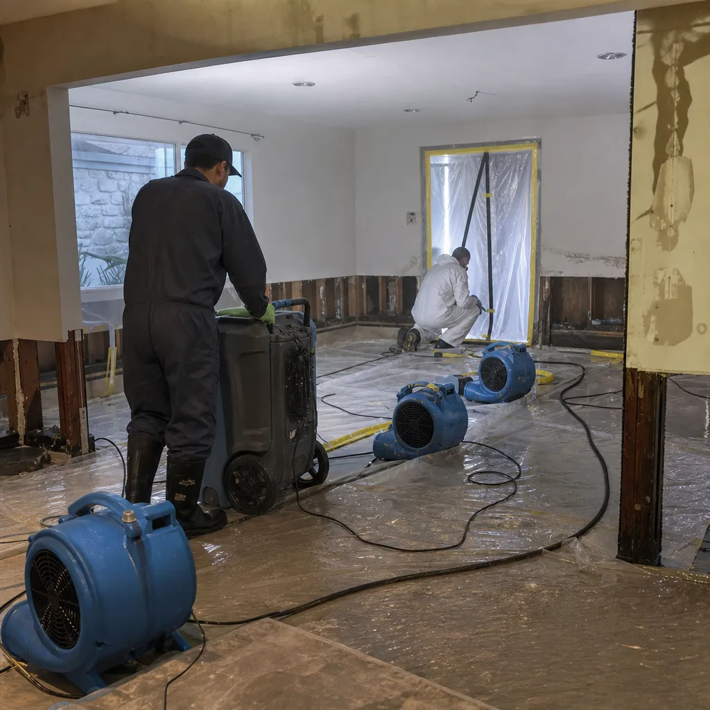 Technicians performing professional storm damage restoration and structural drying services